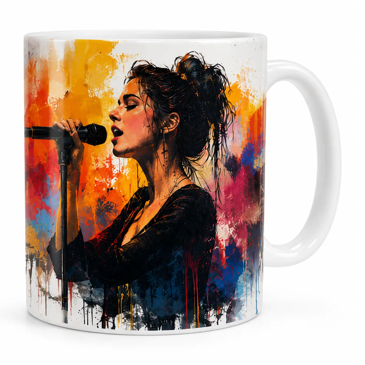 Bespoke watercolor mug featuring a custom art illustration of a female singer performing into a microphone with vibrant colorful splashes.