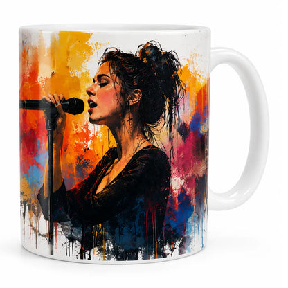 Bespoke watercolor mug featuring a custom art illustration of a female singer performing into a microphone with vibrant colorful splashes.