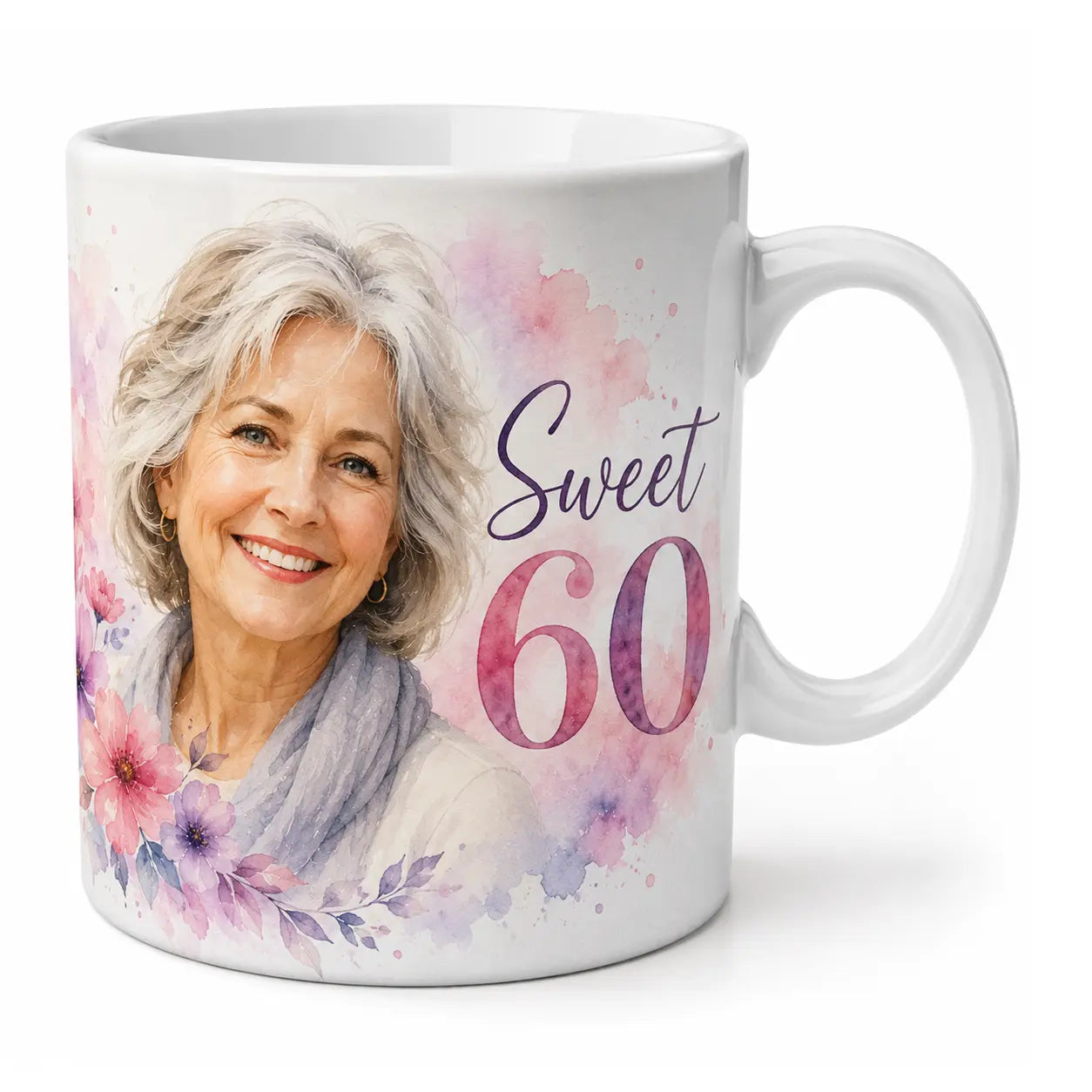 Bespoke watercolor sweet 60 mug featuring a custom portrait art illustration of a smiling woman with purple flowers.
