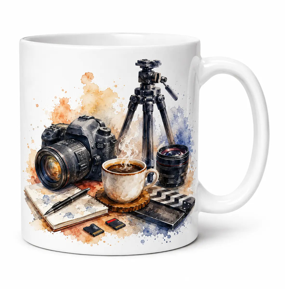 A glossy white custom watercolor video creator gear coffee mug featuring a camera, tripod, clapperboard, and memory cards surrounded by vibrant paint splashes. Free shipping by Incotta.