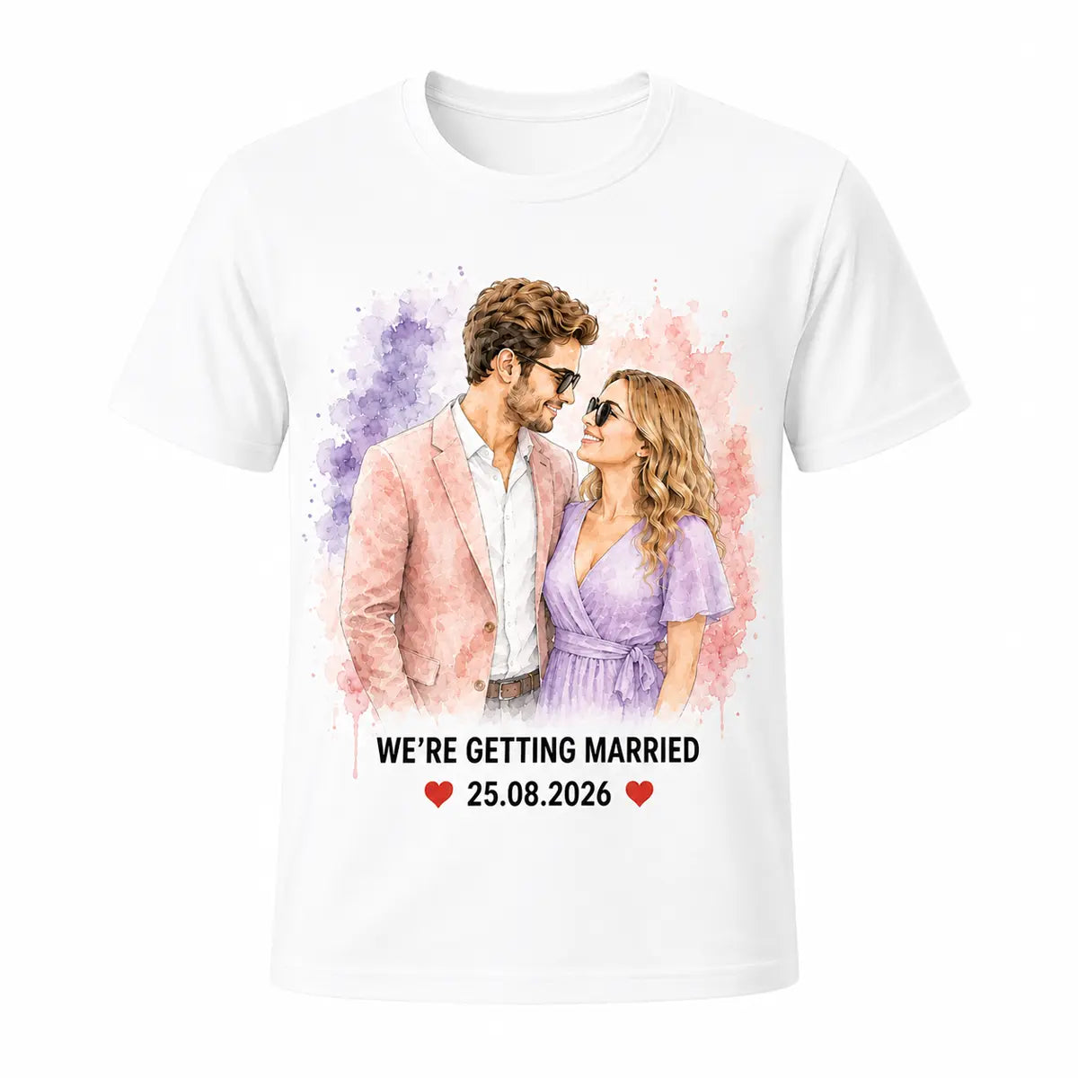 A light white unisex t-shirt featuring a custom pastel watercolor portrait of an engaged couple in sunglasses, with We're Getting Married text and a wedding date. Free shipping by Incotta.