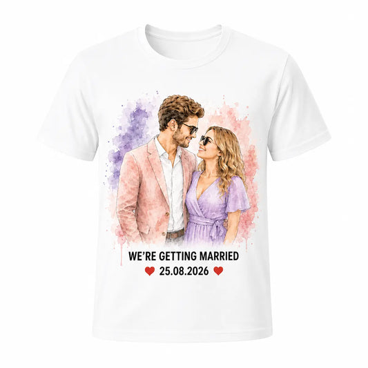 A light white unisex t-shirt featuring a custom pastel watercolor portrait of an engaged couple in sunglasses, with We're Getting Married text and a wedding date. Free shipping by Incotta.