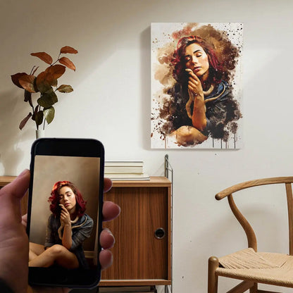 A custom watercolor portrait canvas featuring a red-haired woman holding a snake, displayed on a white wall above a mid-century modern wooden cabinet. Free shipping by Incotta.
