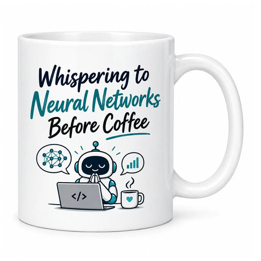 Sip in style with the custom whispering to neural networks AI coffee mug. Featuring a glossy white finish and a funny meditating robot graphic. Free shipping!