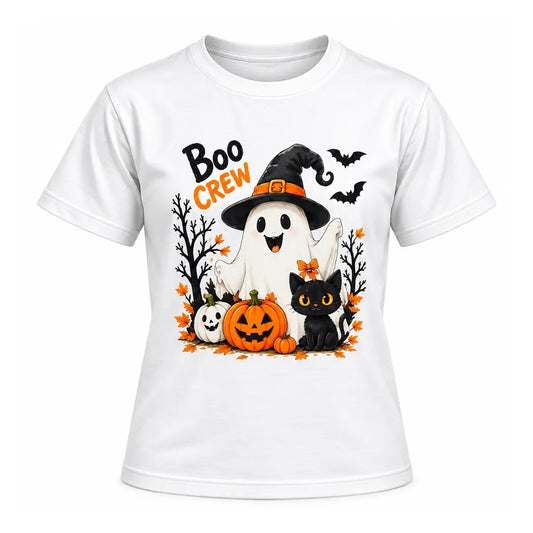 Whimsical Halloween Boo Crew autumn shirt featuring a friendly ghost in a witch hat, a black cat with a bow, smiling pumpkins, and bats.
