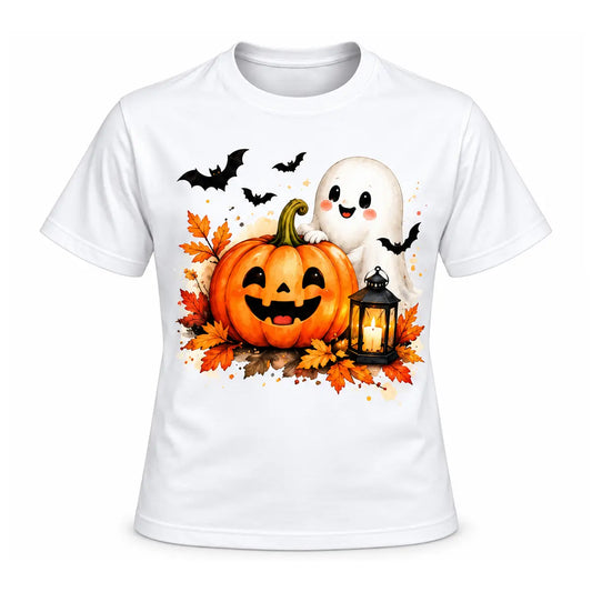 Whimsical Halloween lantern unisex shirt featuring a cute watercolor friendly ghost, a large smiling pumpkin, bats, and autumn leaves.
