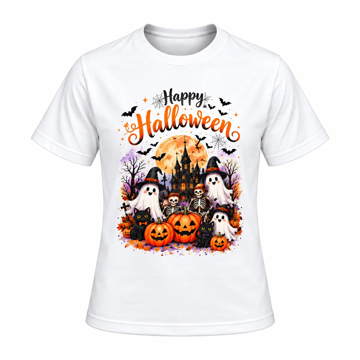 Whimsical skeleton and black cat autumn shirt featuring a cute watercolor Happy Halloween graphic tee with friendly ghosts, pumpkins, and a haunted house.