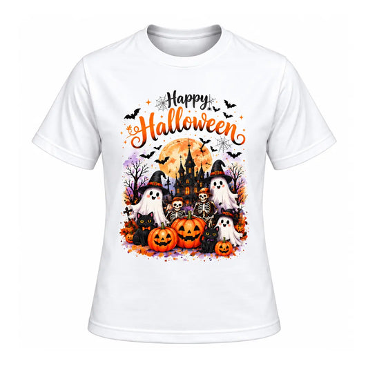 Whimsical skeleton and black cat autumn shirt featuring a cute watercolor Happy Halloween graphic tee with friendly ghosts, pumpkins, and a haunted house.
