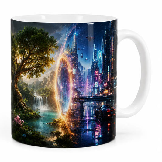 Sip in style with our cyberpunk nature portal coffee mug featuring a glowing portal between a lush forest waterfall and futuristic neon city. Microwave and dishwasher safe. Free shipping!
