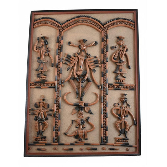 Indian handicraft tribal wall hanging depicting folk dancers and deity symbols, ethnic home decor panel.