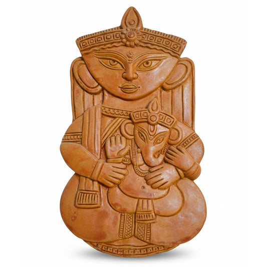 Handcrafted Indian terracotta wall sculpture depicting a durga and ganesh, traditional spiritual art for ethnic home decor.
