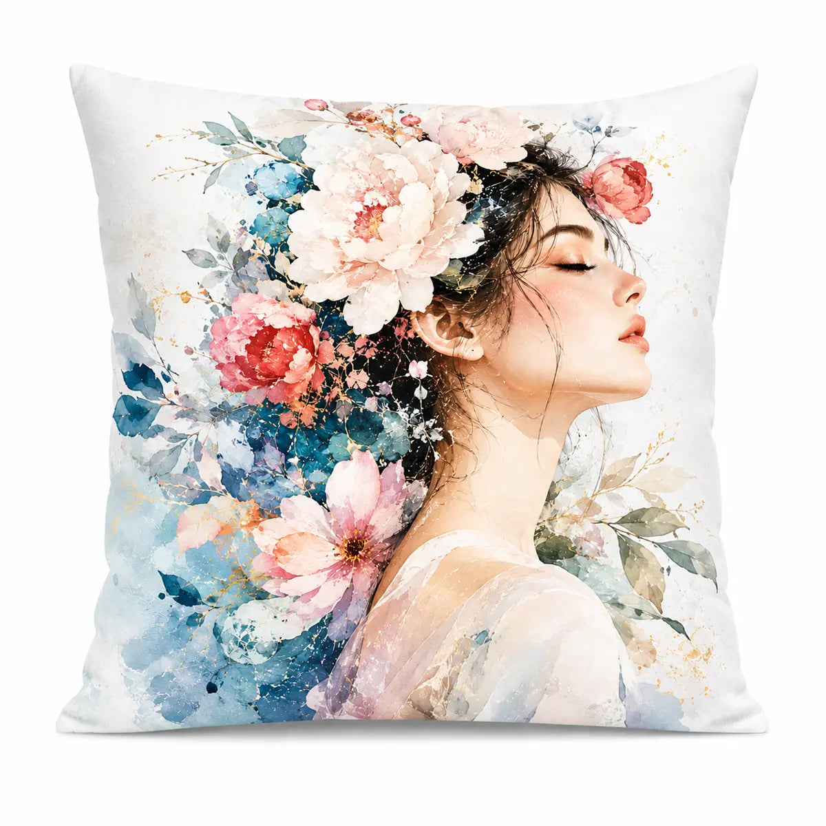 Personalized botanical portrait picture to watercolor pillow art featuring a woman with closed eyes, elegantly surrounded by ethereal pastel peonies, blue foliage, and gold accents.