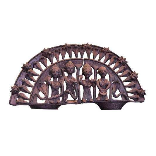Front view of a handcrafted Panchmura terracotta Manasa Chali sculpture with rows of cobra hoods and small devotional figurines below the goddess