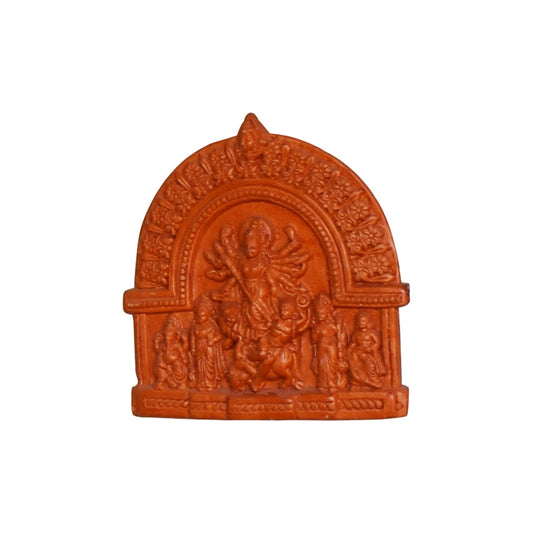 A front view of a handcrafted terracotta idol depicting the full Goddess Durga family. This traditional clay sculpture features the central ten-armed goddess in the Mahishasuramardini posture, flanked by deities Lakshmi, Saraswati, Kartik, and Ganesha, all framed by an intricately detailed decorative arch (Chaala) in a natural earthenware finish.