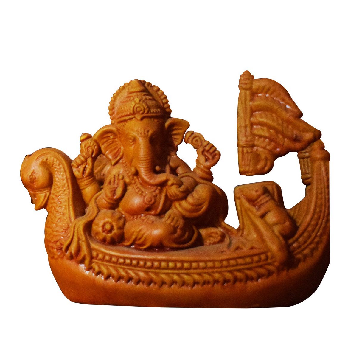 Front view of handcrafted terracotta Ganesha figurine seated in a clay boat, warm brown finish, made in Panchmura, Bankura, spiritual décor