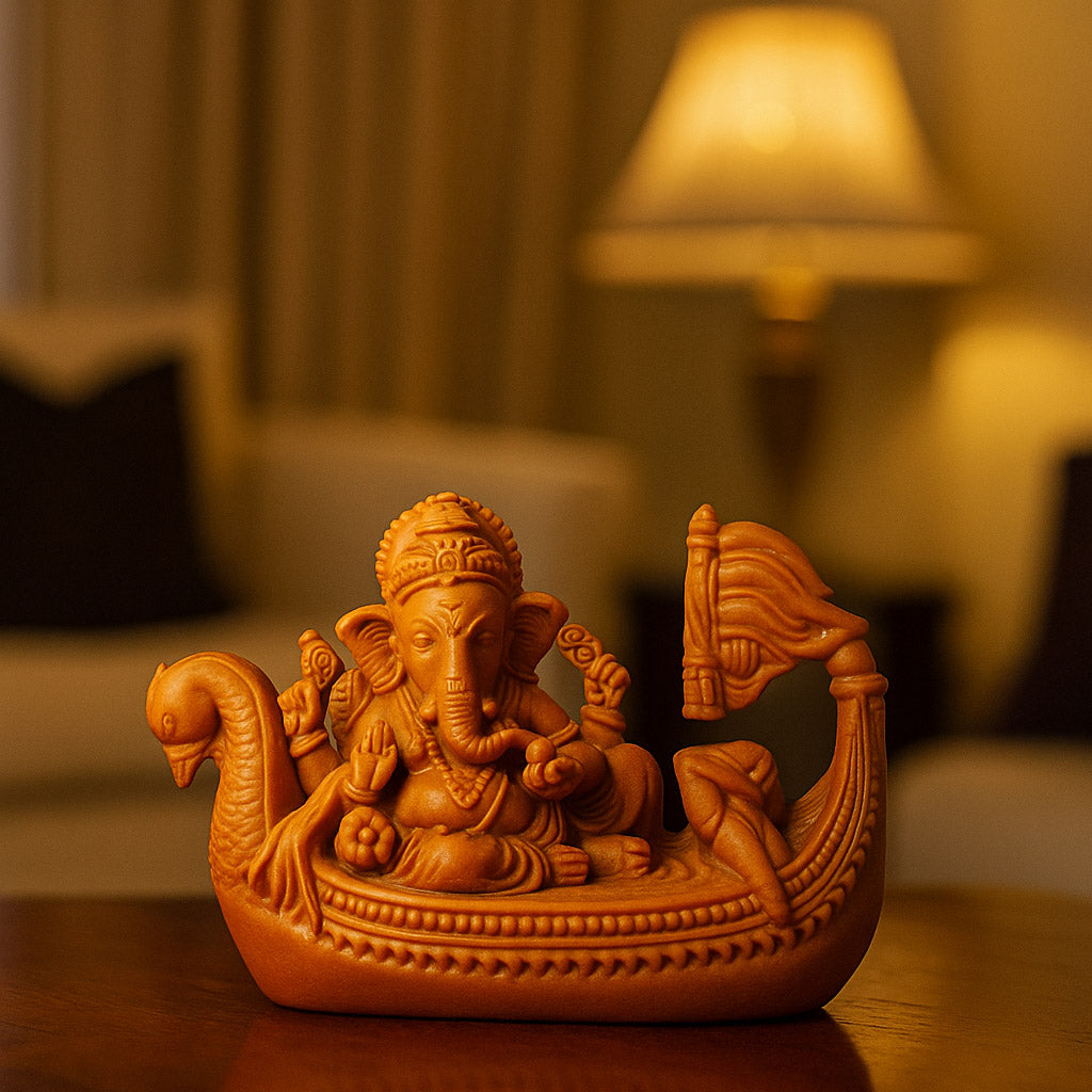 Front view of handcrafted terracotta Ganesha figurine seated in a clay boat, warm brown finish, made in Panchmura, Bankura, spiritual décor lifestyle image