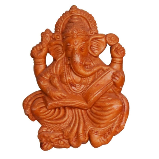 Front view of a handcrafted terracotta Ganesha holding an open book, natural clay wall hanging, made in Panchmura, Bankura