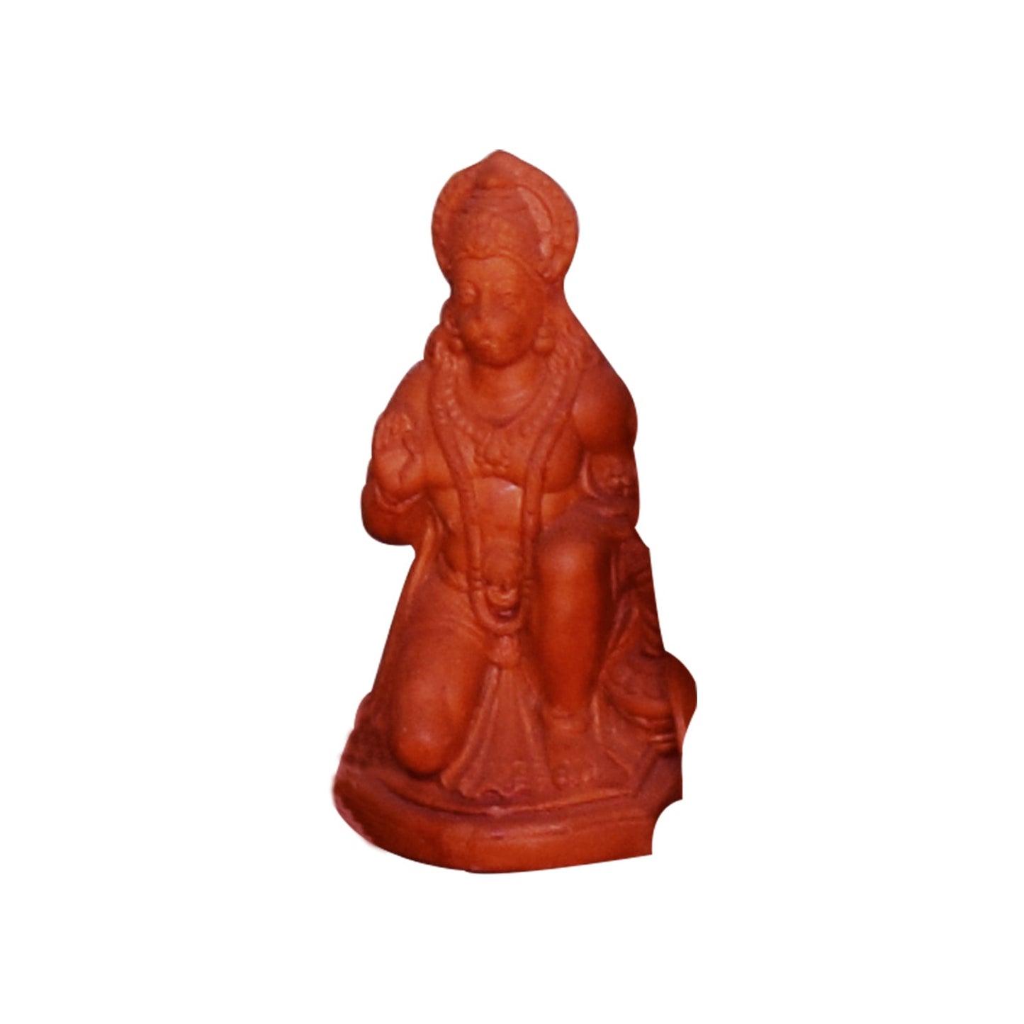 A front view of a handcrafted terracotta idol of Lord Hanuman (Bajrangbali). The clay statue depicts the deity in a devotional kneeling posture with his right hand raised in blessing (Abhaya Mudra), featuring traditional ornamentation and a natural reddish-brown earthenware finish isolated against a white background.