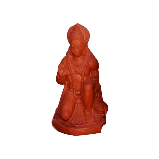 A front view of a handcrafted terracotta idol of Lord Hanuman (Bajrangbali). The clay statue depicts the deity in a devotional kneeling posture with his right hand raised in blessing (Abhaya Mudra), featuring traditional ornamentation and a natural reddish-brown earthenware finish isolated against a white background.