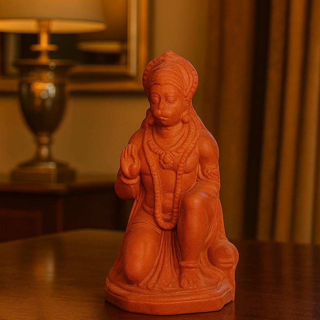 A lifestyle photograph showcasing the handcrafted terracotta Lord Hanuman idol displayed on a wooden surface. The image captures the devotional kneeling posture of Bajrangbali in a warm, elegantly lit room setting, illustrating its perfect placement for a home temple or spiritual corner.