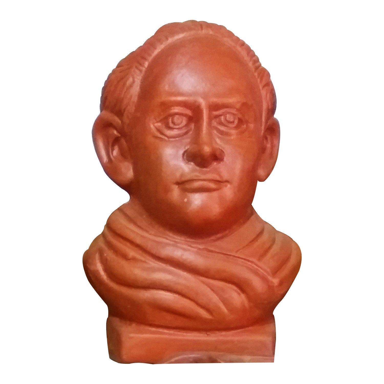 A front view of a handcrafted terracotta bust sculpture depicting Ishwar Chandra Vidyasagar. This clay statue captures the likeness of the renowned 19th-century Indian educator and social reformer, featuring his traditional shawl drapery and distinct facial features in a natural reddish-brown earthenware finish against a white background.