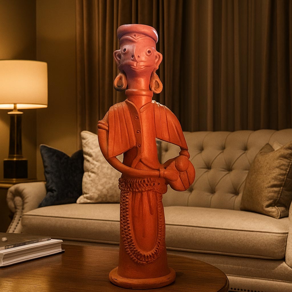 A lifestyle photograph showcasing a handcrafted terracotta musician figurine placed on a polished wooden coffee table. This traditional clay drummer doll serves as a unique cultural accent piece within a contemporary living room, complemented by a soft-lit background featuring a beige sofa and lamp.