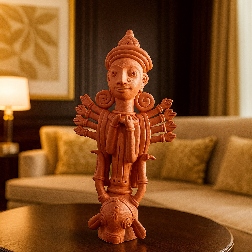 A sophisticated lifestyle photograph of a traditional Bankura terracotta horse standing on a marble coffee table. The handcrafted clay sculpture is showcased in a warm, contemporary living room setting with soft lighting, highlighting its intricate folk art patterns as a premium interior accent.