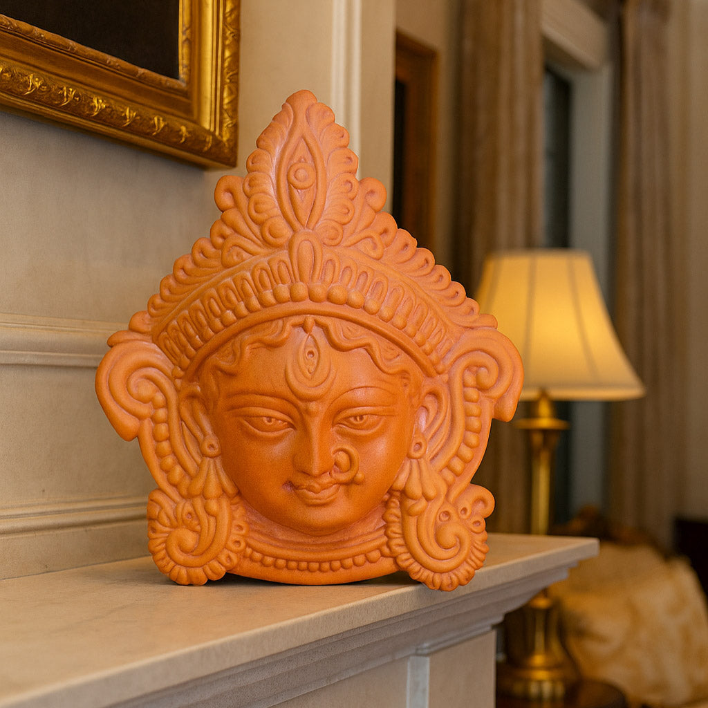 A close-up lifestyle photograph of the handcrafted terracotta Goddess Durga face sculpture displayed on a white mantelpiece. The warm ambient lighting accentuates the intricate relief details of the clay crown and features, set against a background of gold-framed artwork and soft lamp light.