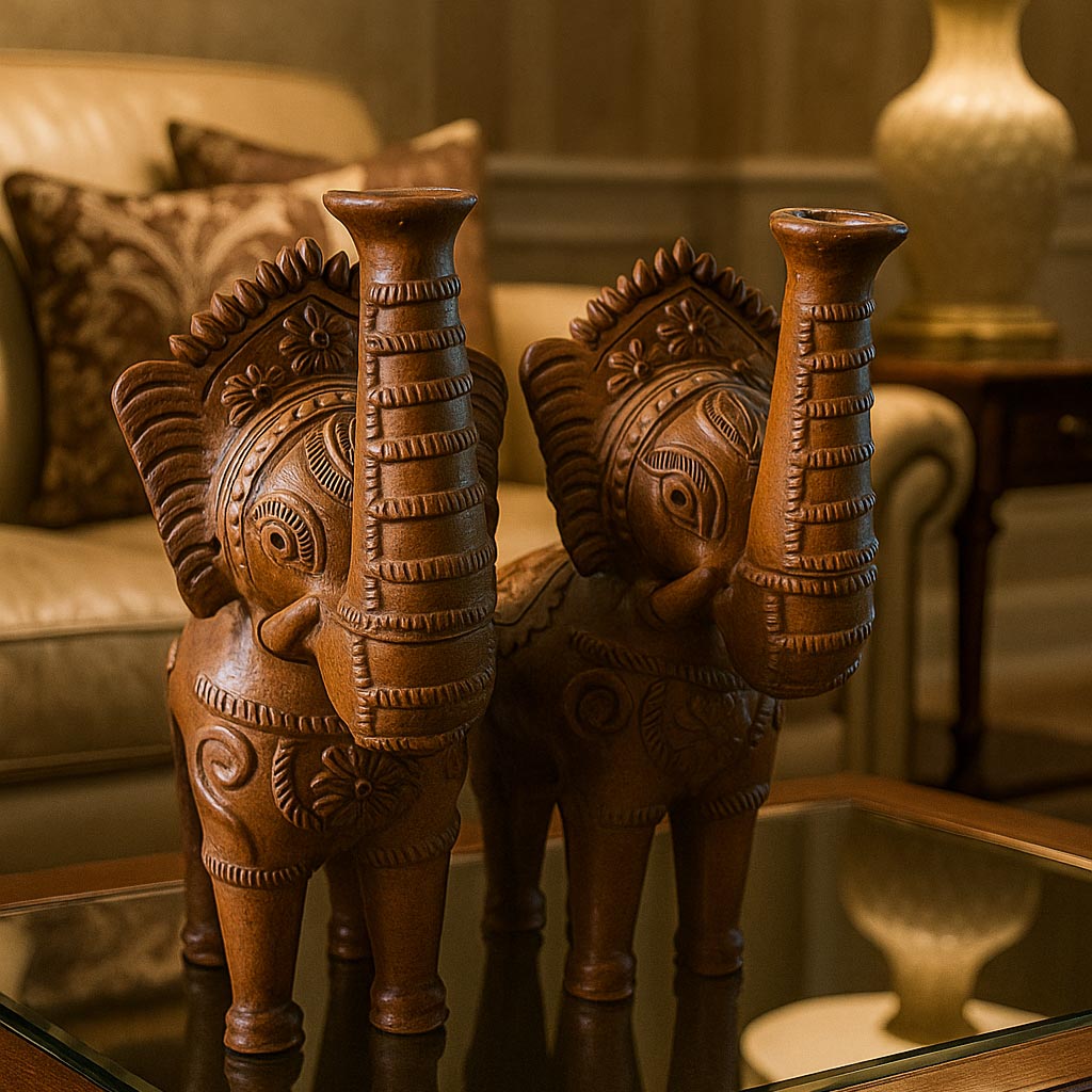 A lifestyle photograph featuring a pair of handcrafted terracotta elephant statues displayed on a reflective glass table. The image showcases the rustic clay figurines against a blurred background of a cozy living room with a beige sofa and warm lamp lighting, emphasizing their appeal as lucky home decor accents.