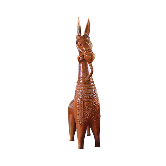 A front-facing studio shot of a traditional handcrafted Bankura terracotta horse statue isolated on a white background. The clay figurine features the signature elongated neck, pointed upright ears, and intricate geometric engravings on the body, representing the folk art heritage of West Bengal.