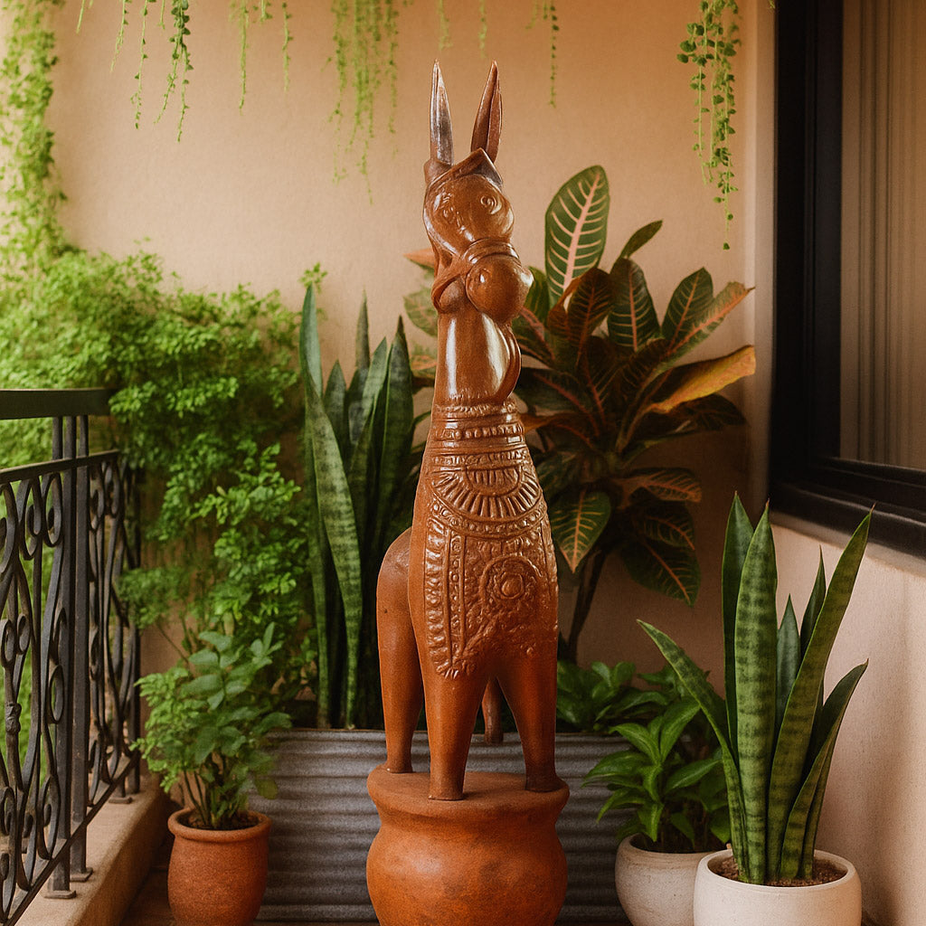 A detailed front view of a traditional Bankura terracotta horse statue standing in a lush balcony garden. This handcrafted Indian folk art sculpture features a signature elongated neck and intricate clay relief work, set against a background of vibrant green potted plants and natural light