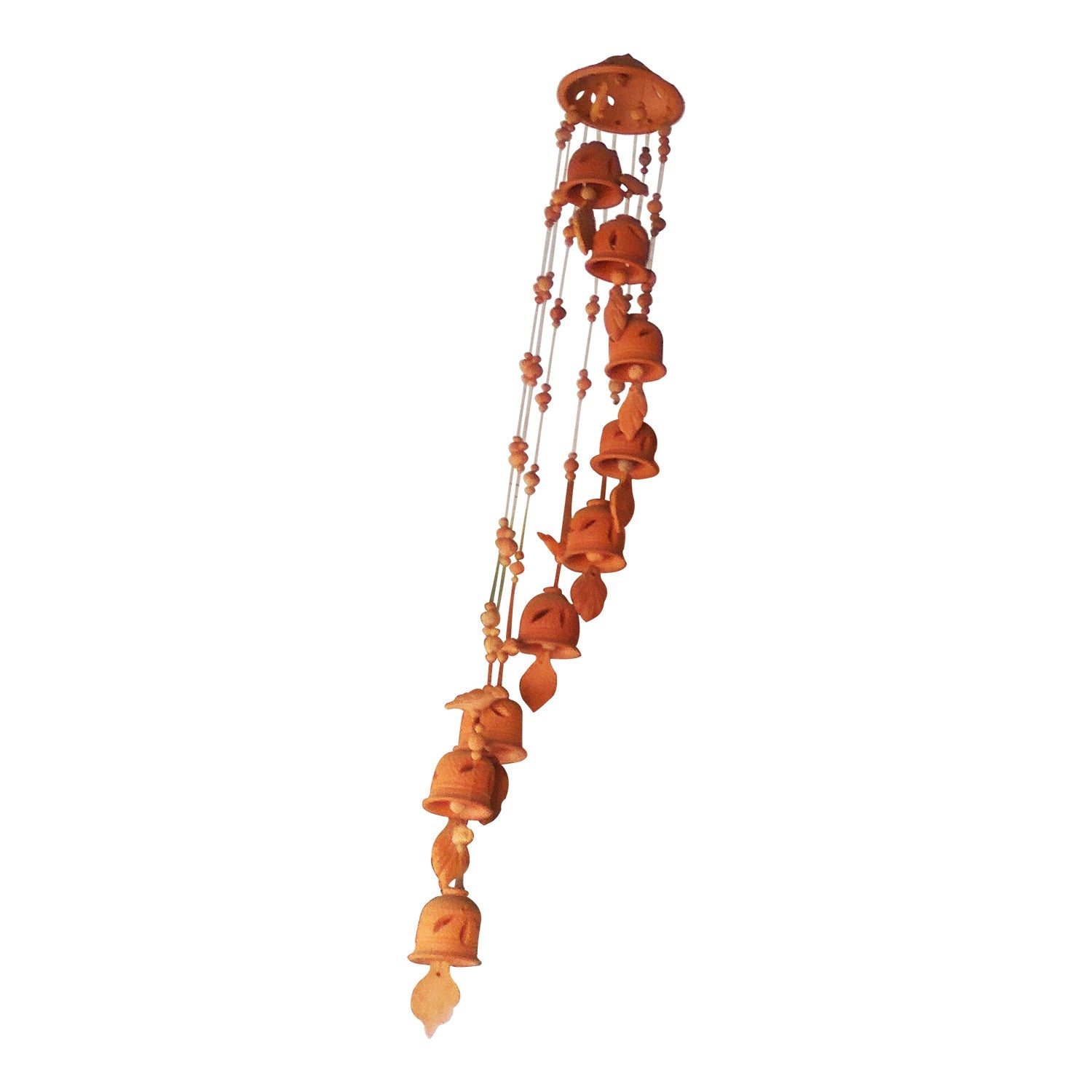 Front view of handcrafted terracotta wind chain with nine bells in warm brown clay, made in Panchmura, Bankura, hanging decor for good luck