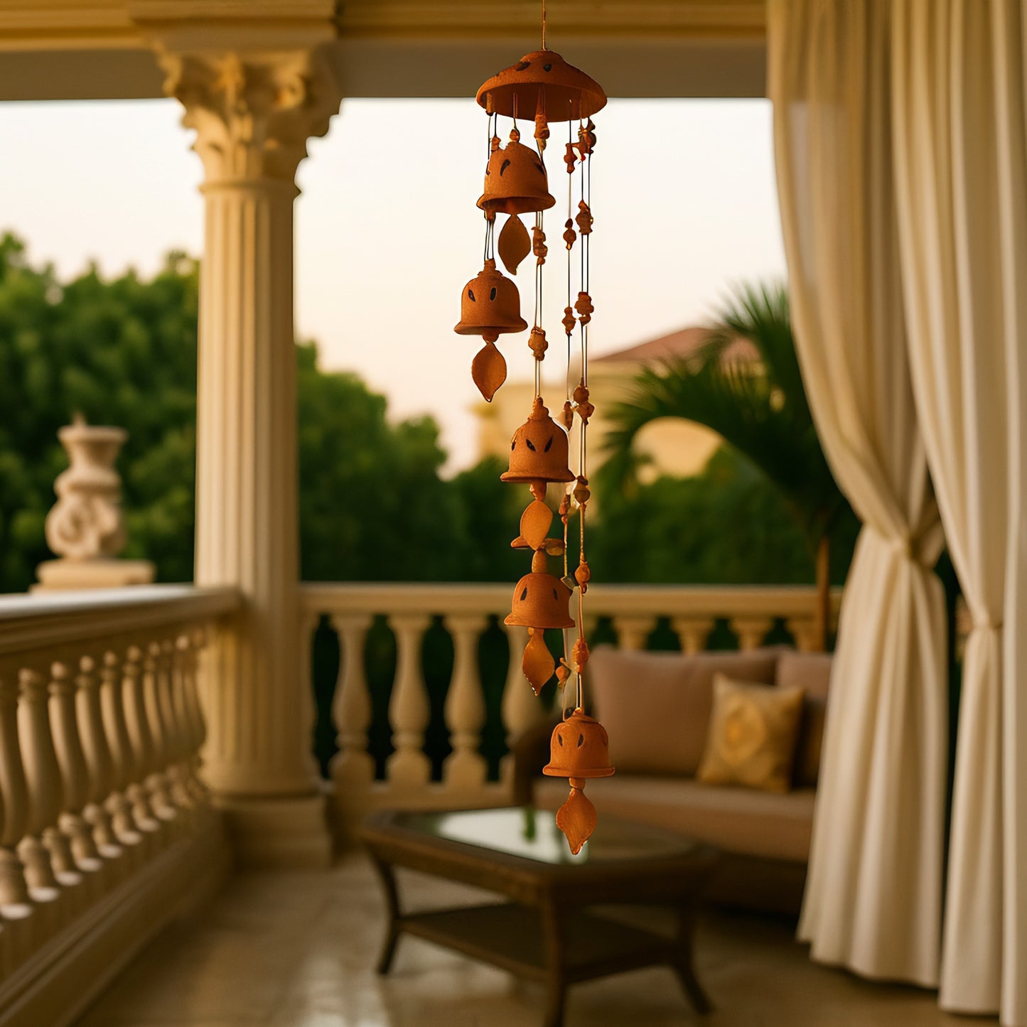 Front view of handcrafted terracotta wind chain with nine bells in warm brown clay, made in Panchmura, Bankura, hanging decor for good luck lifestyle image
