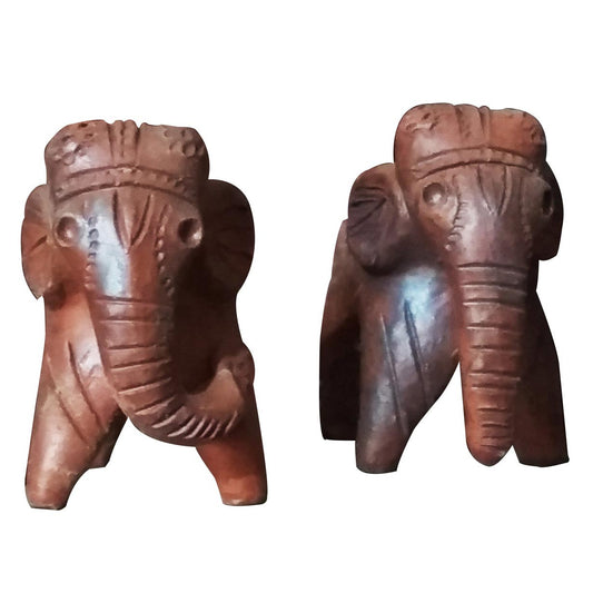 Front view of handcrafted terracotta elephant figurines in warm natural clay, made in Panchmura, Bankura, decorative pair for home décor