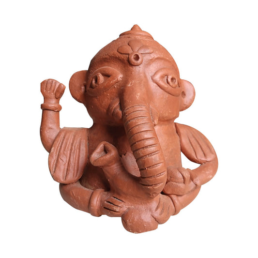 Front view of eco-friendly handcrafted terracotta sitting Ganesha idol in warm brown clay, traditional Panchmura craft for spiritual home décor