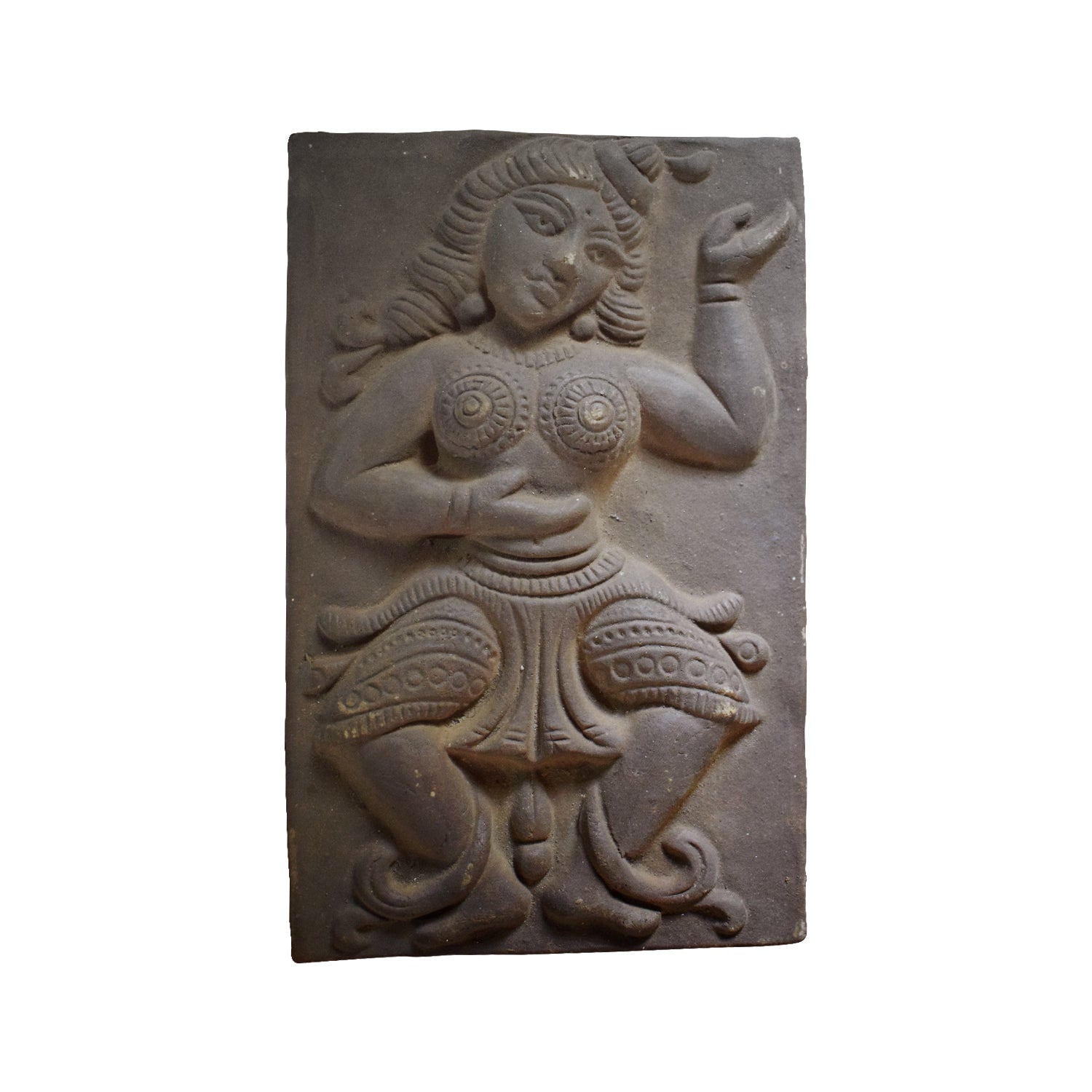 A front view of a handcrafted terracotta relief panel depicting a female dancer. This rectangular clay plaque captures the essence of traditional Indian temple architecture, featuring a stylized figure with intricate jewelry and drapery in a rustic dark earthenware finish, isolated against a white background.