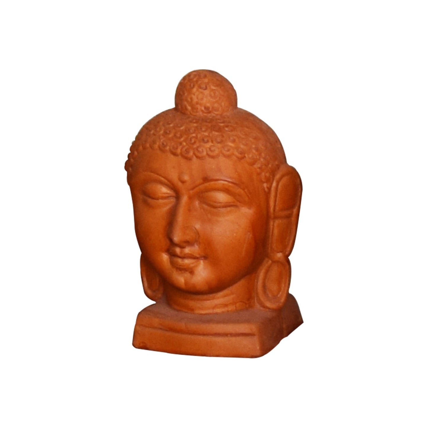 A front view of a handcrafted terracotta Buddha head sculpture. The clay statue depicts a serene face with closed eyes in a meditative state, featuring traditional details like the textured topknot (Ushnisha) and elongated earlobes, finished in a natural reddish-brown earthenware tone against a white background.