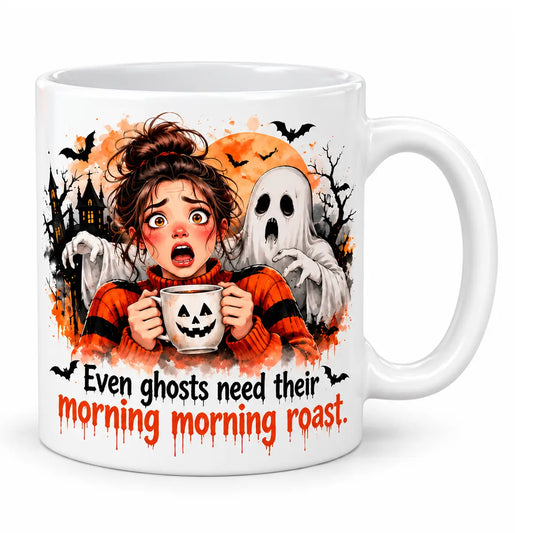 Aesthetic spooky season quote drinkware featuring a funny watercolor Halloween ghost coffee mug with a startled girl holding a jack-o-lantern cup and dripping text.