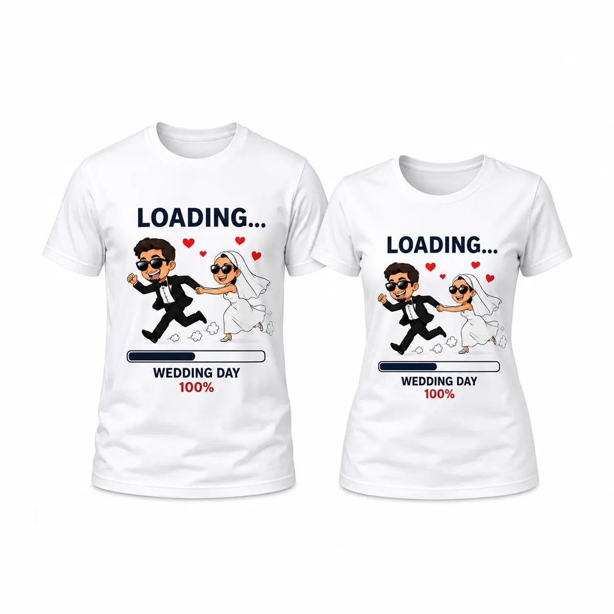 Matching white funny wedding day loading couple t-shirt set featuring a cute cartoon bride and groom running with a wedding day 100% progress bar.