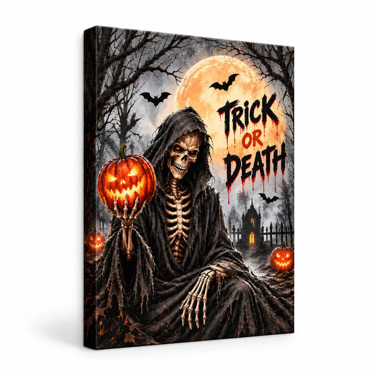 Horror aesthetic skeleton pumpkin wall decor featuring a gothic grim reaper holding a glowing jack-o-lantern, bats, dripping text, and a full moon.
