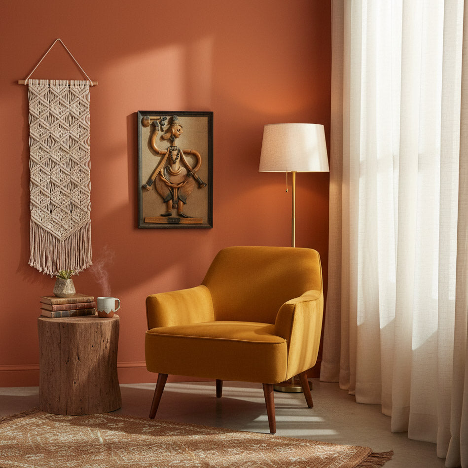 Warm bohemian living room corner featuring handcrafted Indian terracotta tribal wall art, mustard accent chair, macramé wall hanging, and soft natural light.