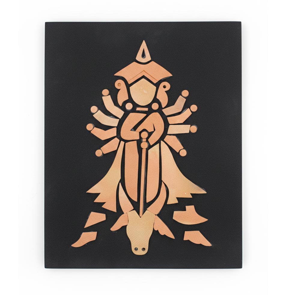 A front view of a rectangular wall art piece featuring a stylized, geometric relief of Goddess Durga crafted from light terracotta segments against a black background. The abstract design depicts the ten-armed deity standing over the buffalo demon (Mahishasura), blending traditional spiritual iconography with a modern, minimalist tribal aesthetic.