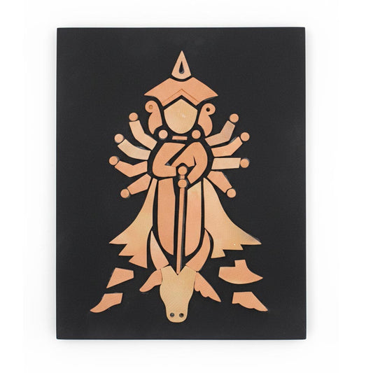 A front view of a rectangular wall art piece featuring a stylized, geometric relief of Goddess Durga crafted from light terracotta segments against a black background. The abstract design depicts the ten-armed deity standing over the buffalo demon (Mahishasura), blending traditional spiritual iconography with a modern, minimalist tribal aesthetic.