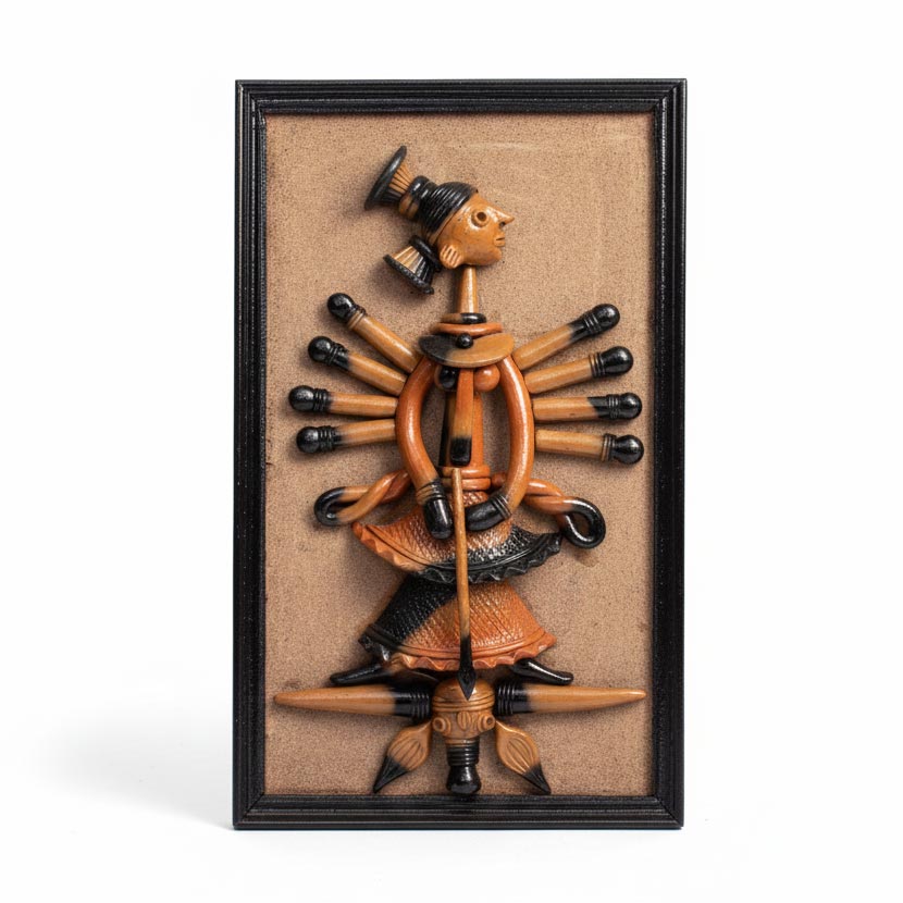 Handmade Indian tribal deity wall art sculpture, traditional folk decor framed for living room walls.