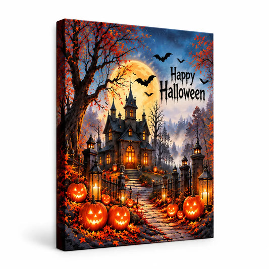 Aesthetic glowing pumpkin autumn wall decor featuring a Happy Halloween haunted house canvas art with an illuminated pathway, bats, and a full moon[cite: 14].