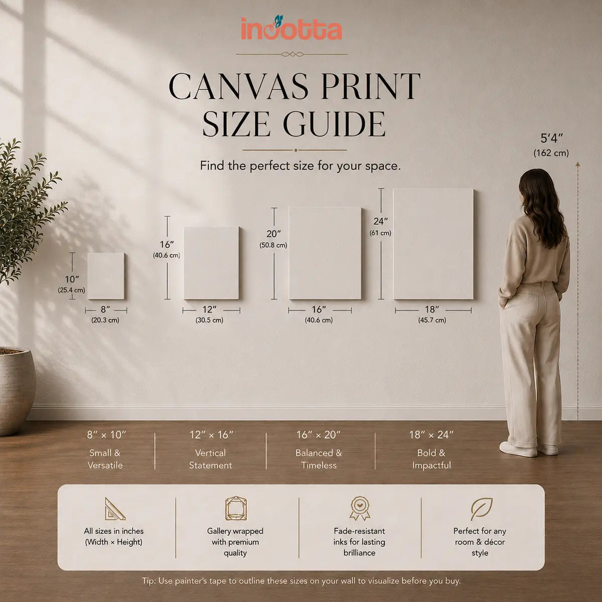 Incotta personalized canvas print size guide showing 8x10, 12x16, 16x20, and 18x24 inch wall art sizes with a person for scale