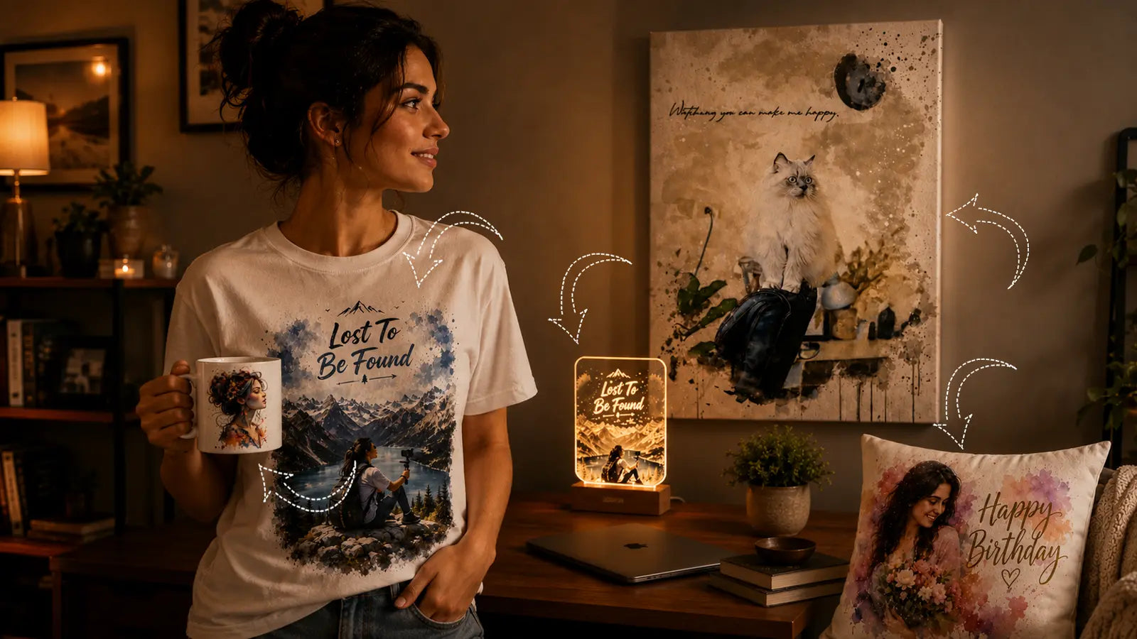 A woman in a modern creator studio wearing an Incotta custom graphic t-shirt with a 'Lost To Be Found' design, and holding a personalized mug, standing next to a custom acrylic LED night light, a matching canvas print of a cat, and a 'Happy Birthday' pillow.