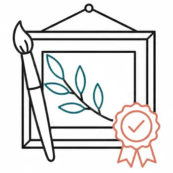 Line art icon featuring a framed botanical print, paintbrush, and a checkmark seal for archival quality materials.