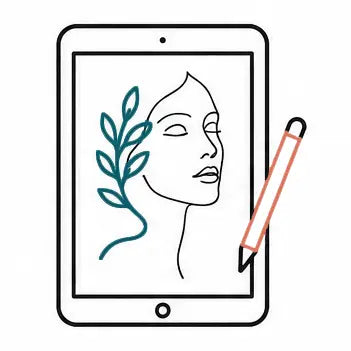 Line art icon of a digital tablet and stylus drawing a minimalist female portrait for bespoke digital illustration.