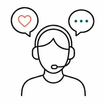 Line art icon of a customer support agent with a headset and a heart speech bubble for human first dedicated support.